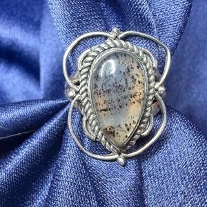 Vintage SterlingSilver Dendritic Agate Ring, Teardrop Cabochon, Sz 7 3/4